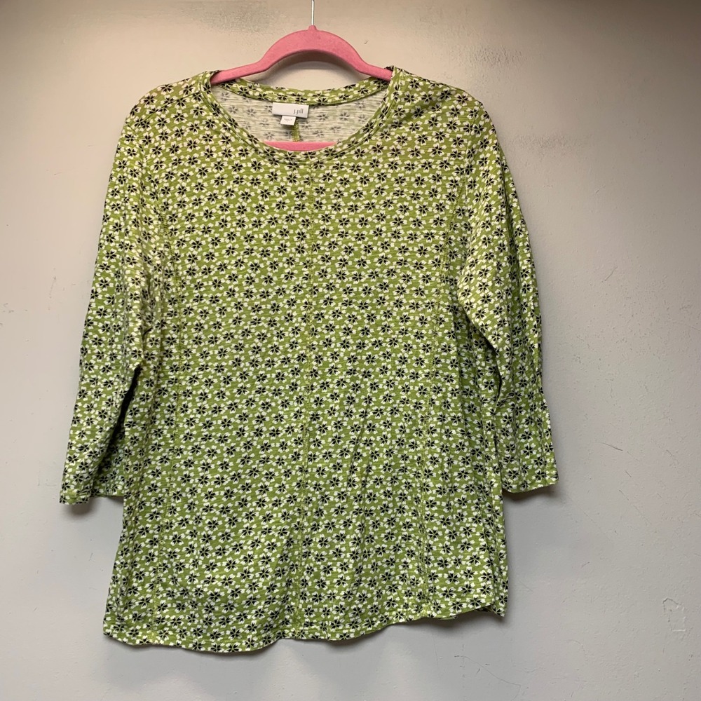 J. Jill Floral Top Womens Large Green Excellent 3/4 Sleeve Pima Cotton Pullover